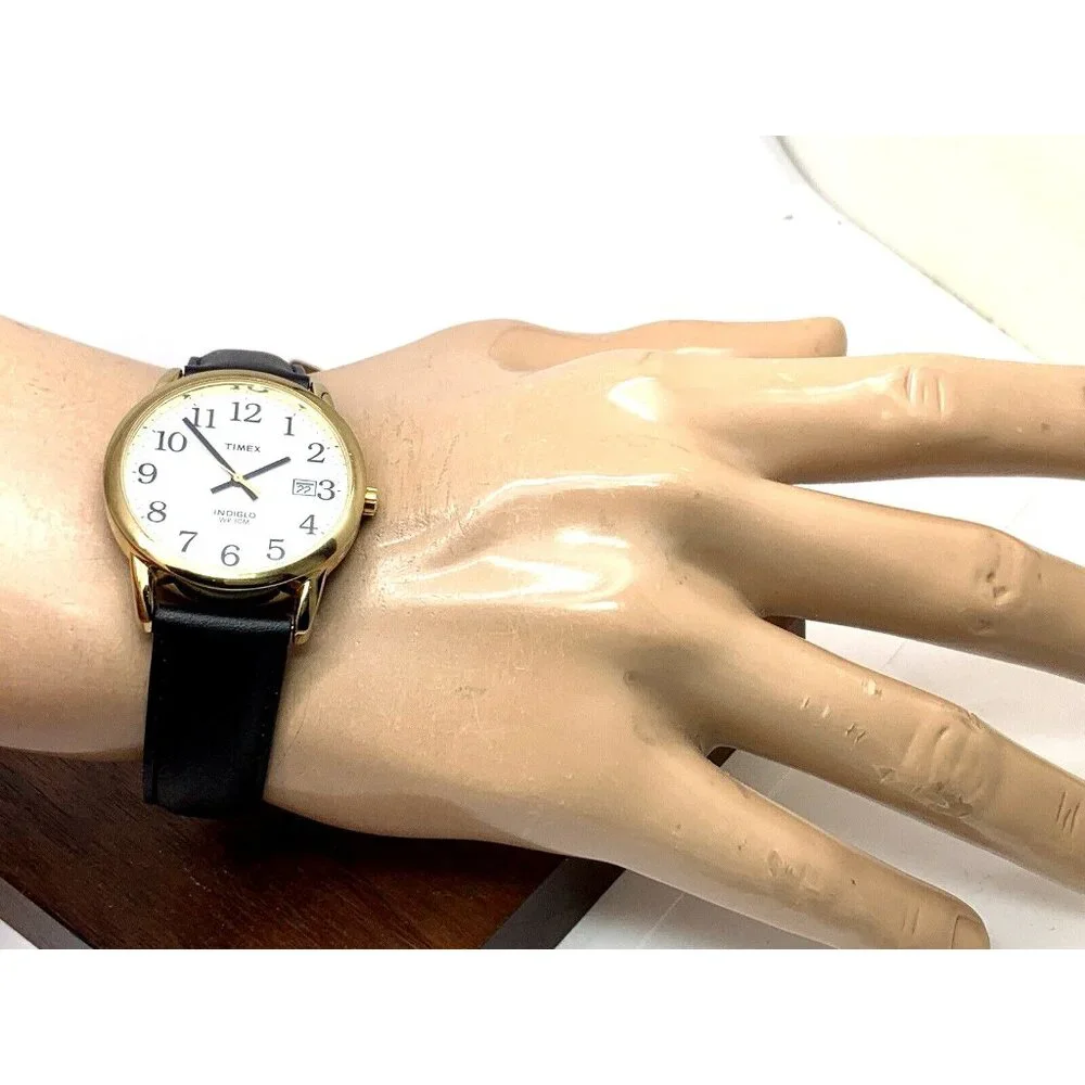 Timex Men's Watch T2H291 Quartz Indiglo Gold White Dial Black Leather Band 35mm